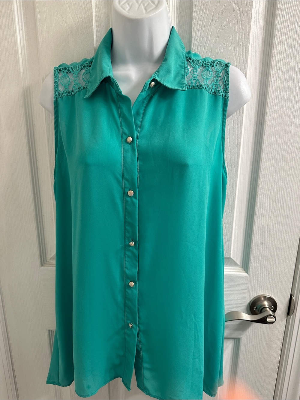 METAPHOR Teal Hi-Lo Crochet Accents Tunic Top Size Large